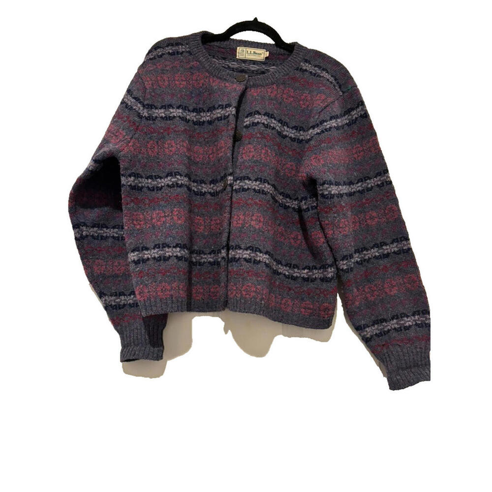 LL Bean‎ sz L all wool button down cardigan sweater blue/red #3154